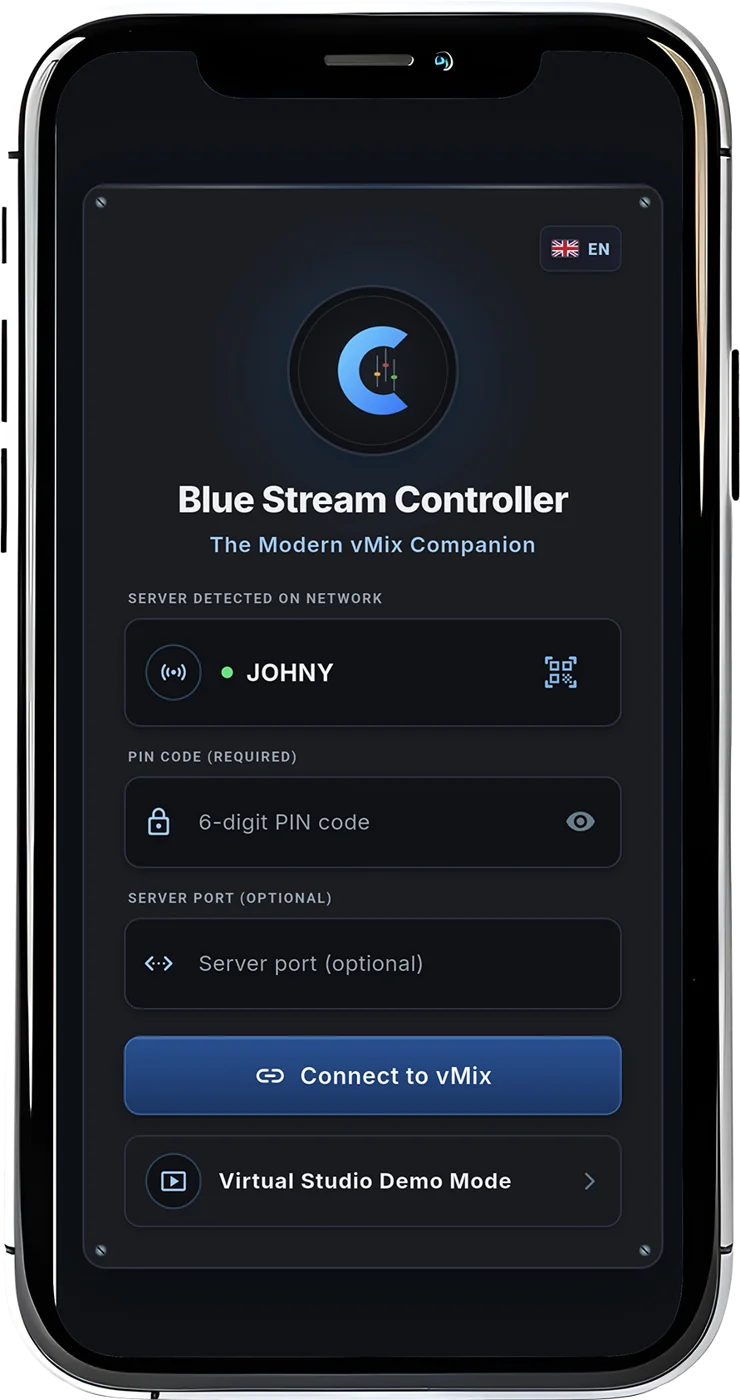 Blue Stream Controller connection screen on a phone, with the detected server