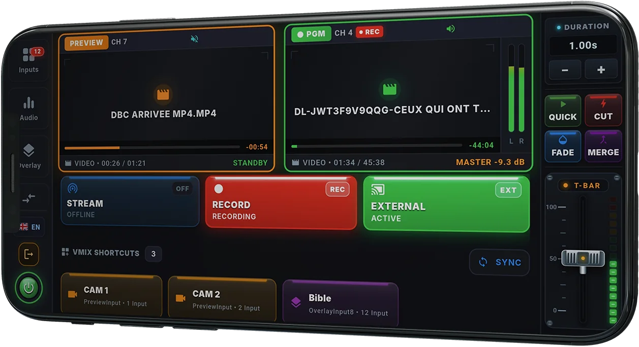Blue Stream Controller Live screen: stream, recording, external output and vMix shortcuts