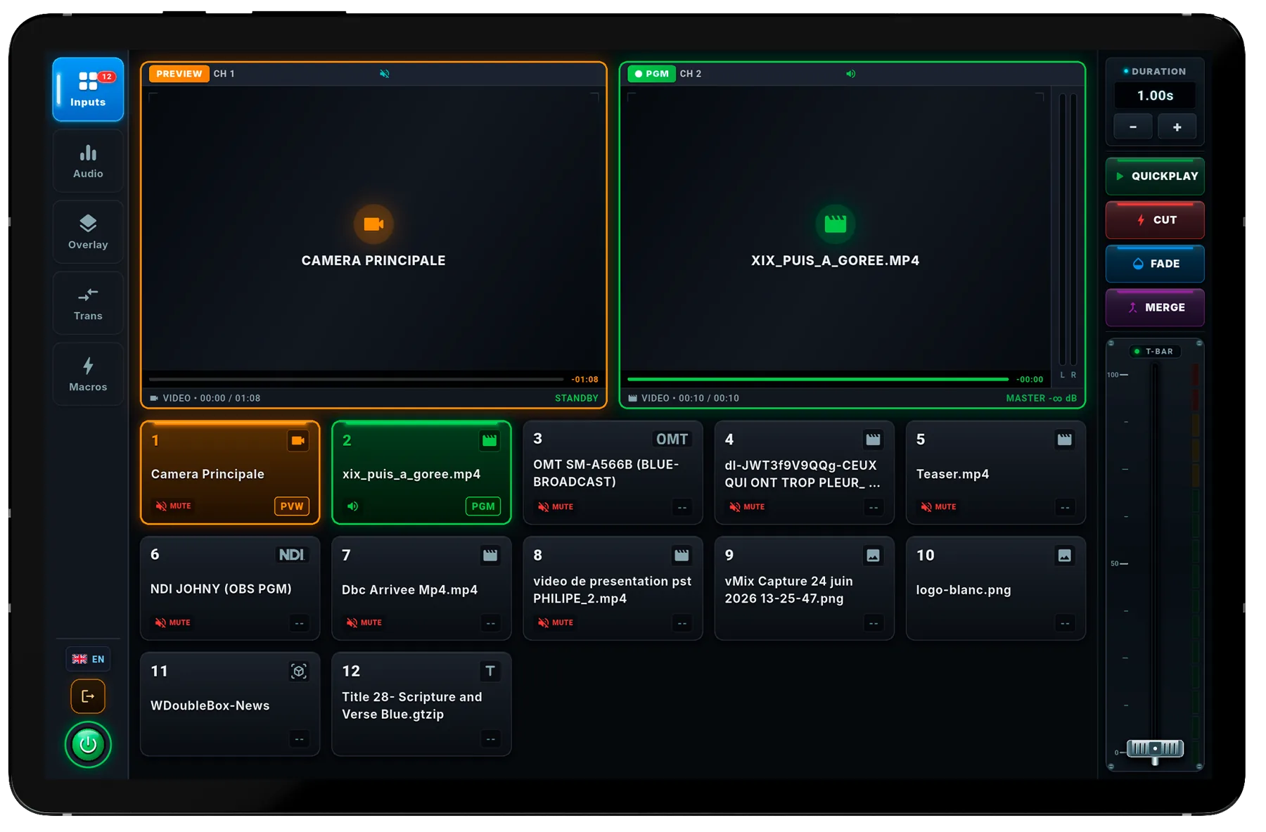Blue Stream Controller on a tablet: Preview and Program monitors, vMix input grid and T-Bar